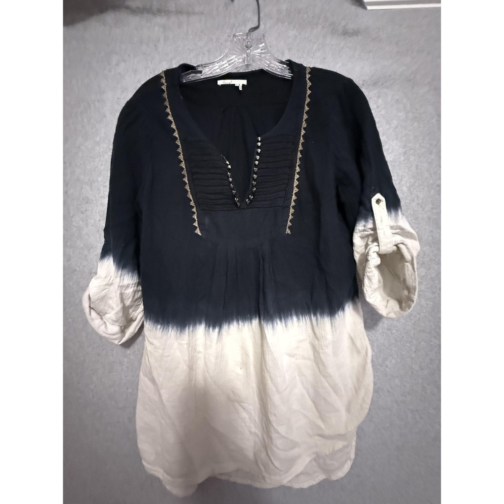 Floreat Shirt Womens 6 Black Cream Ombre Studded Embroidered Boho Tunic Top